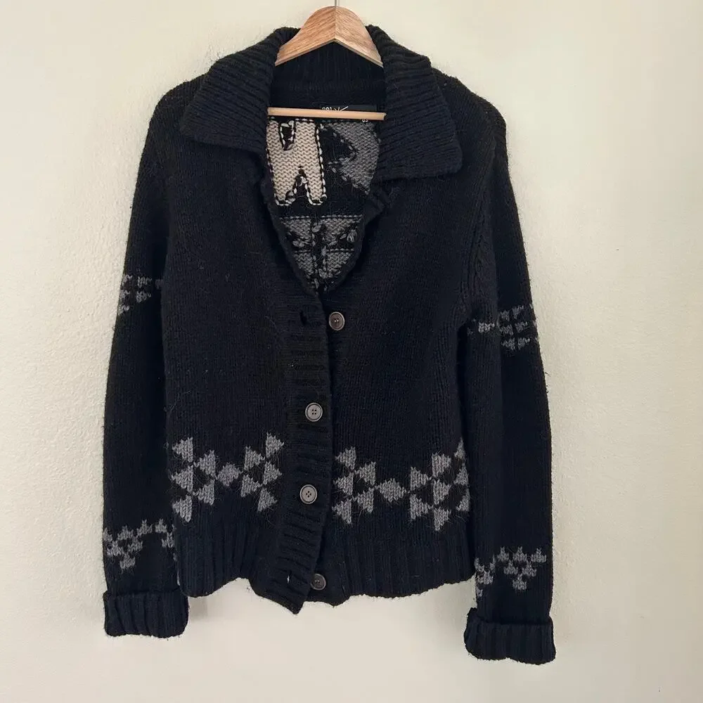 291 Venice Wool Alpaca Cardigan Womens 3/L Black Shawl Collar Elbow Patch LA NY